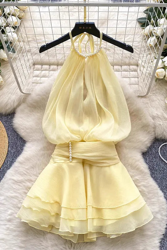 Halter Neck Beaded Mini Dress With Ruffled Chiffon Flowering Girl