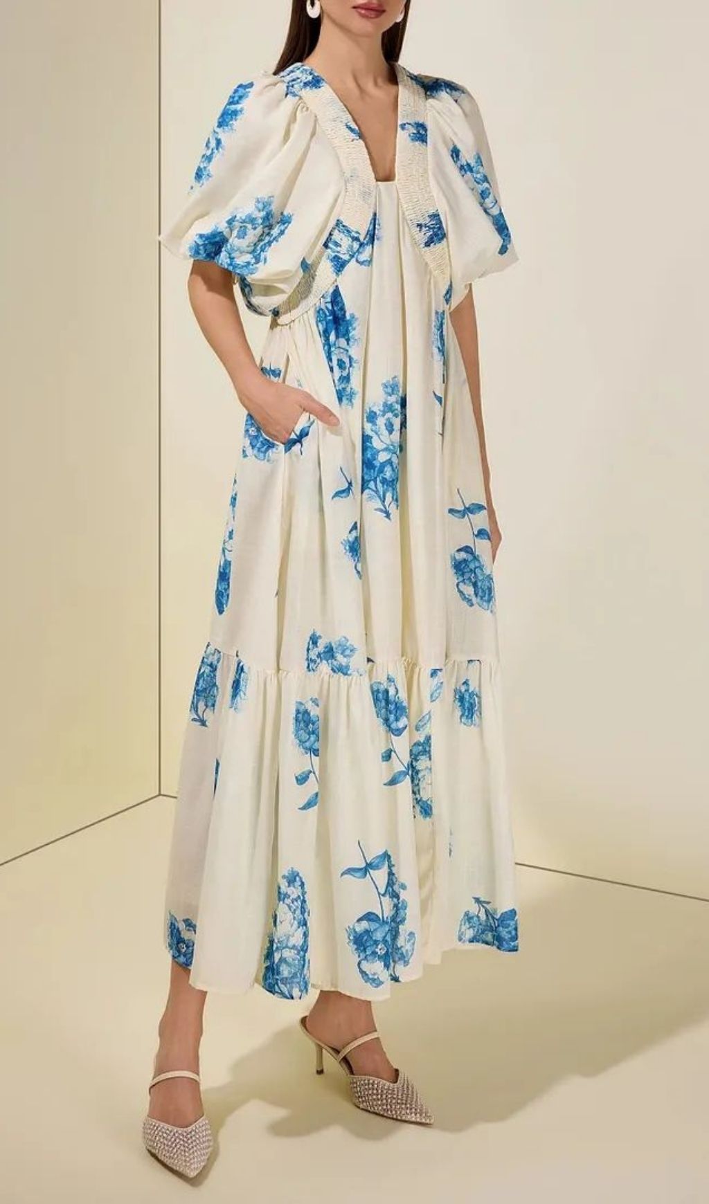 Susie Print Smocking Puff Sleeve Midi Dress - Blue Flowering Girl