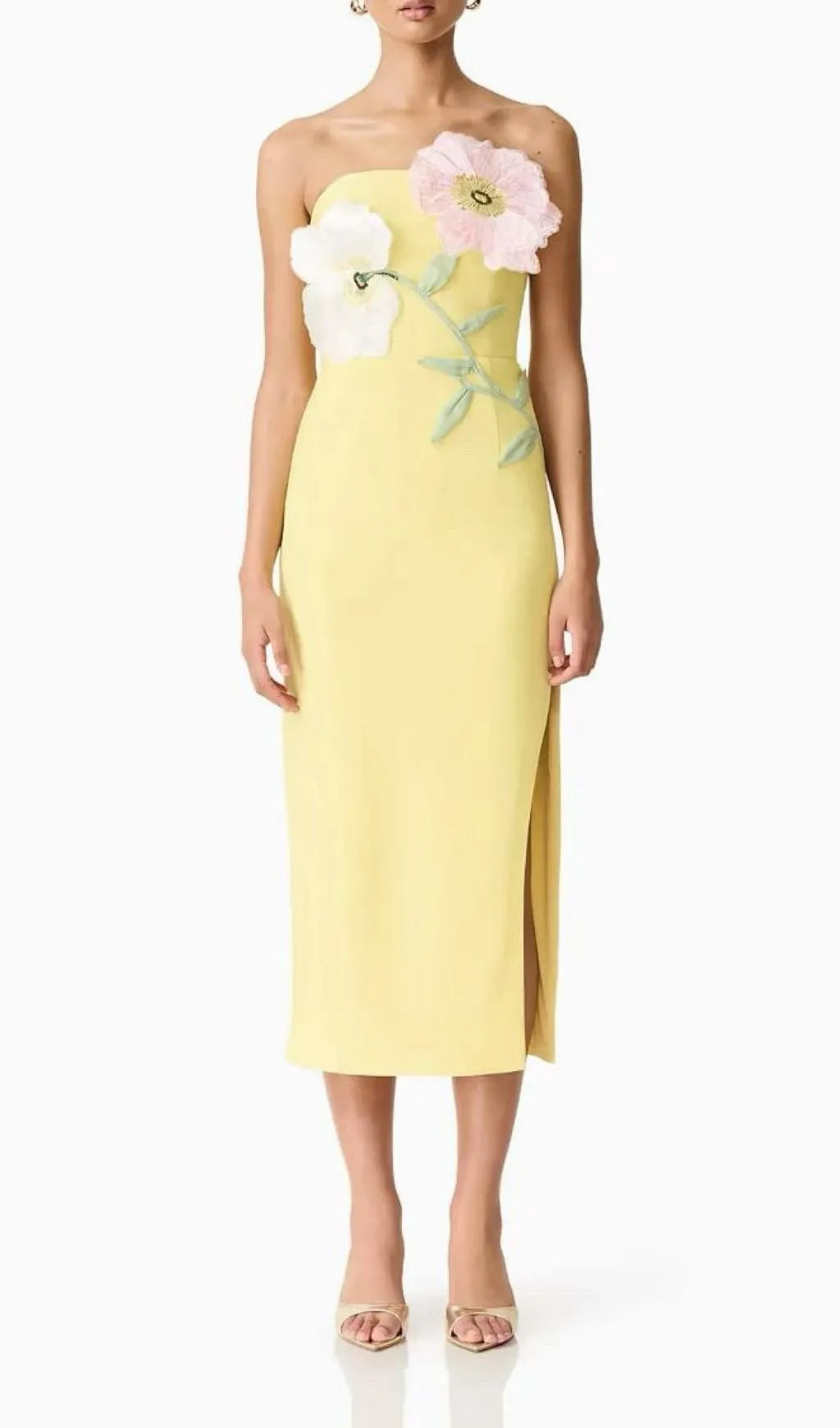 Kifle Yellow Strapless Embroidery Flower Midi Dress Flowering Girl