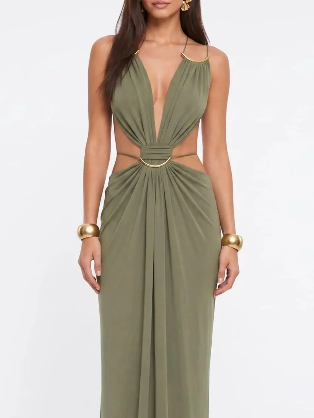 Lorysa Backless Cutout Maxi Dress In Matcha Flowering Girl