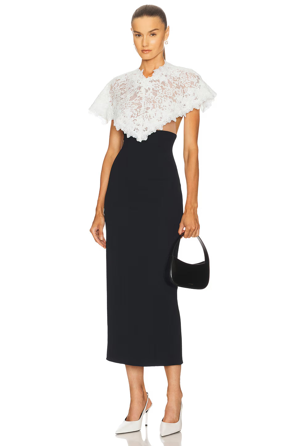 Alice Lace Patchwork Shawl Bodycon Midi Dress In Black Flowering Girl