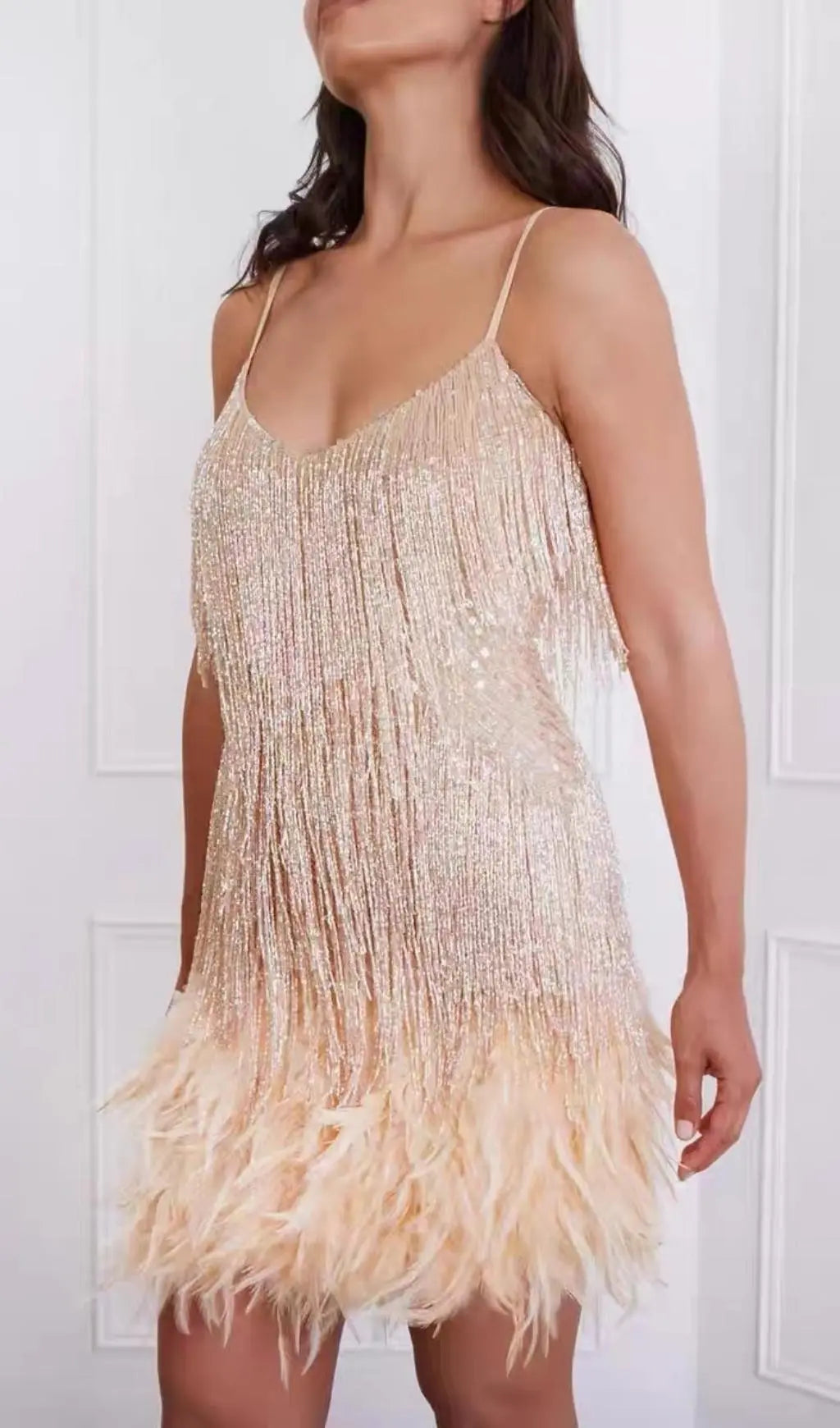 Tassel Feather Mini Dress In Beige Flowering Girl