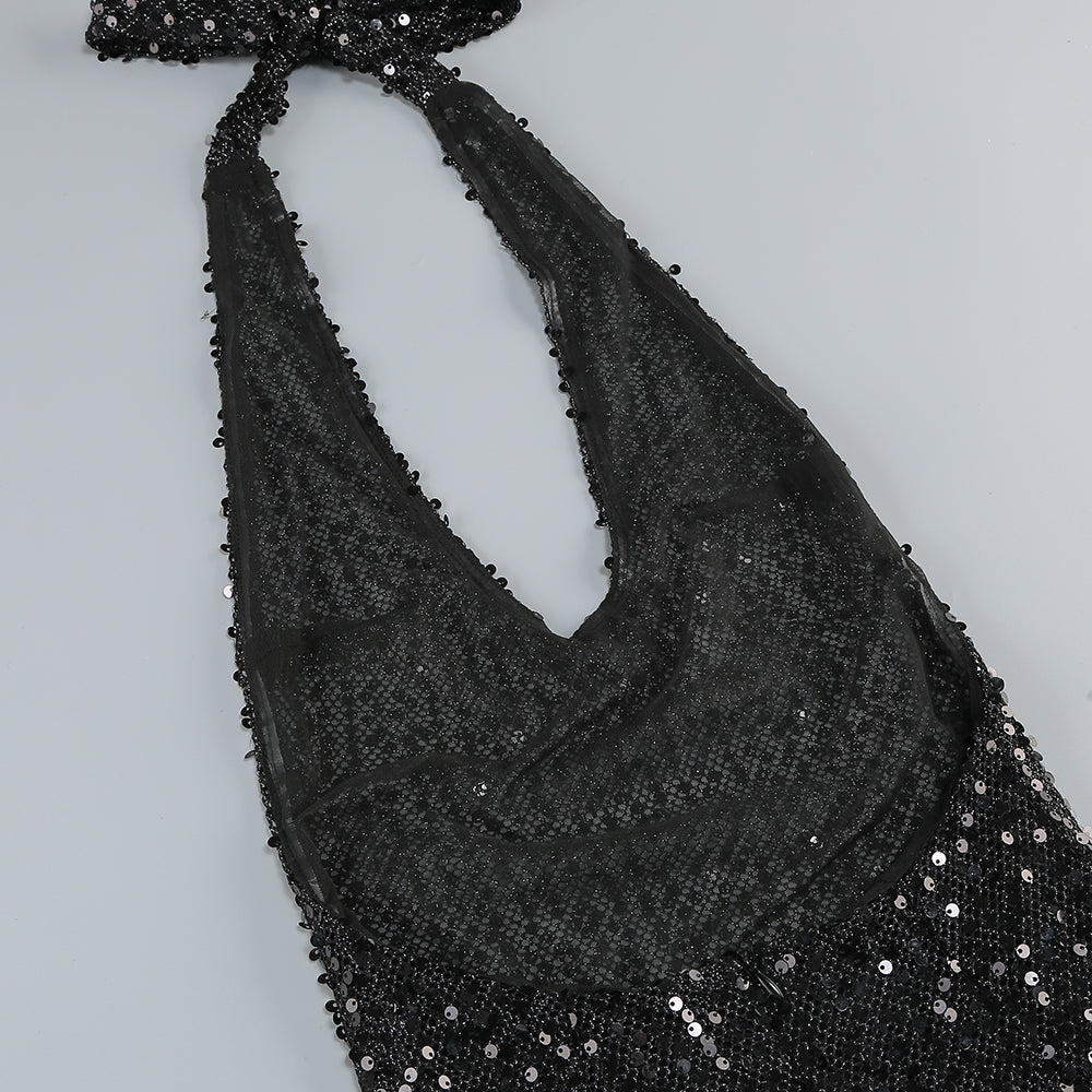 Brennen Black Halter Sequin Backless Maxi Dress Flowering Girl