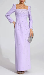Lynn Square Neck Beaded Rhinestone Maxi Dress - Purple Flowering Girl