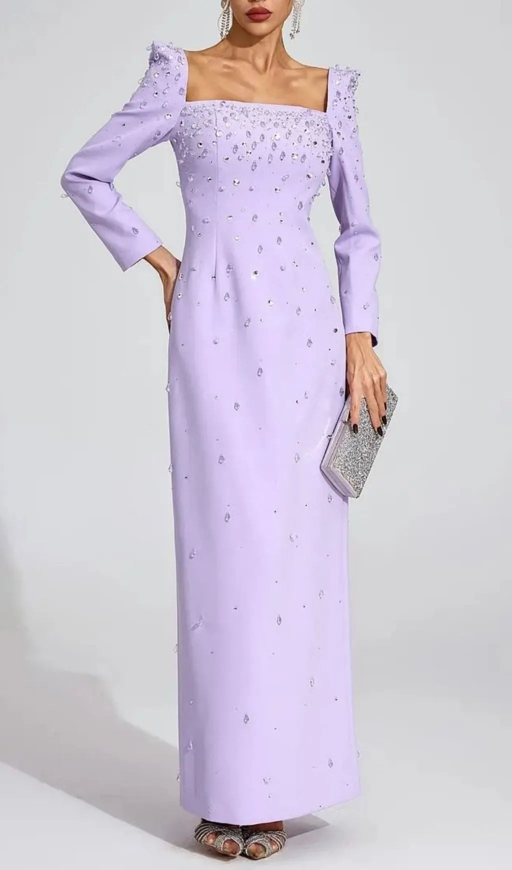 Lynn Square Neck Beaded Rhinestone Maxi Dress - Purple Flowering Girl