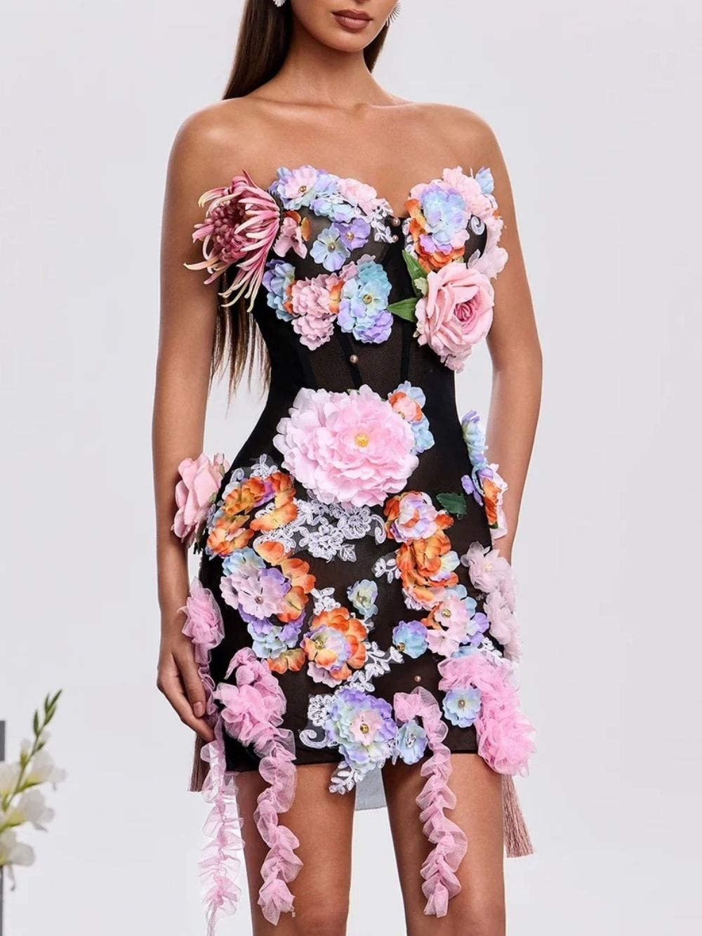 Jaldex Strapless Flower Mini Dress In Black Flowering Girl