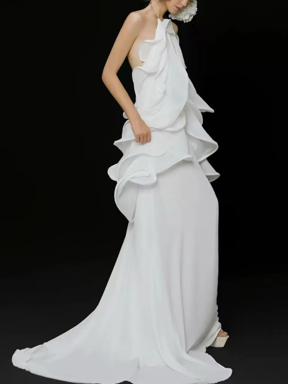 Kaelum Backless Ruffle Maxi Dress In White Flowering Girl