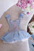 Lace Embroidery Puffy Mini Dress In Blue Flowering Girl