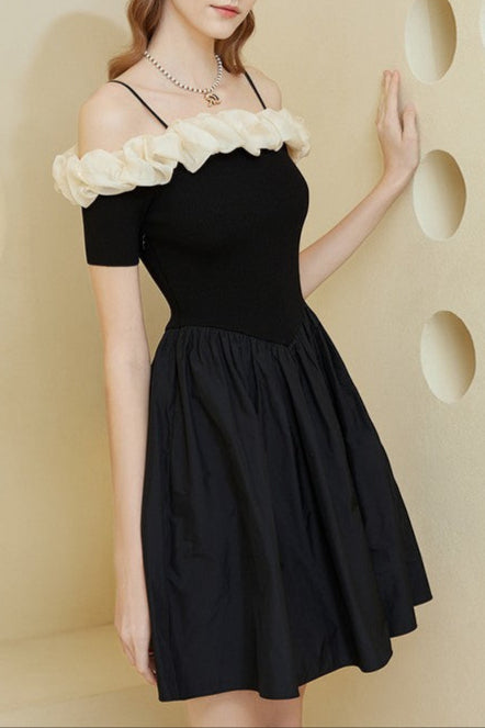 Off-Shoulder Ruffle Trim Suspender Mini Dress In Black Flowering Girl