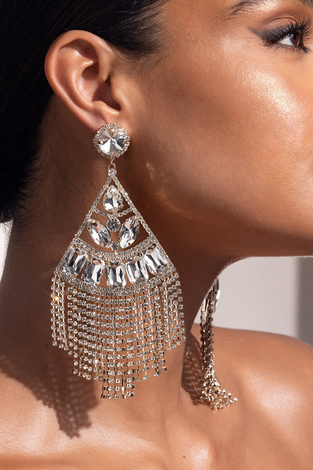 Gold Statement Crystal Drop Tassel Earrings Flowering Girl