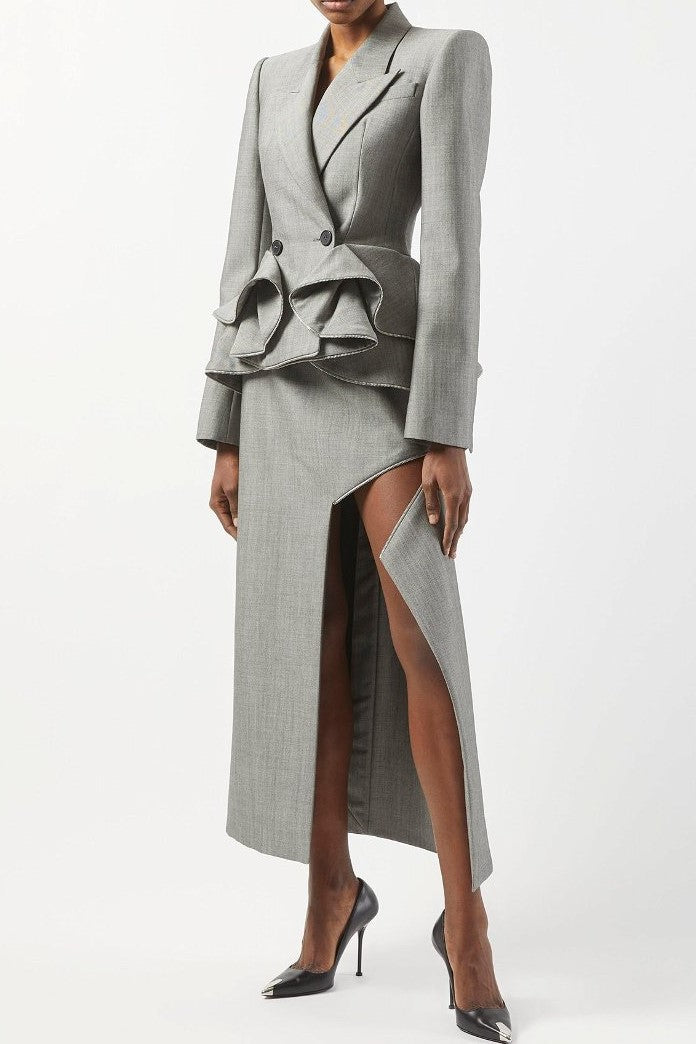 Pamely Peplum Ruffle Blazer - Grey Flowering Girl