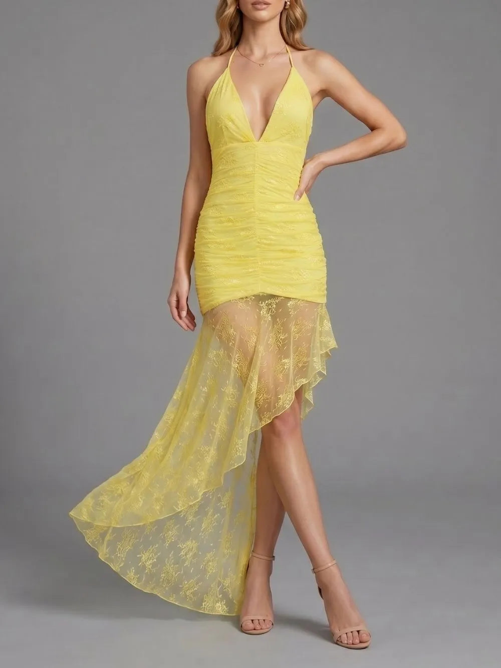 Makalia Yellow Halter Lace Maxi Dress Flowering Girl