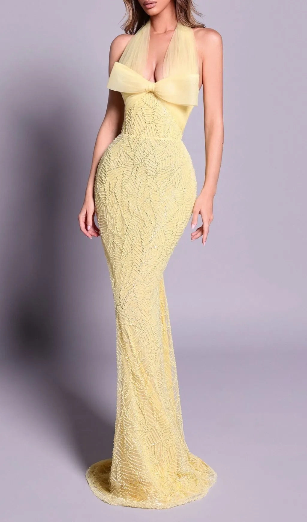 Jermaine Yellow Halter Bow Beaded Maxi Dress Flowering Girl