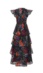 Black Floral Print Tiered Ruffle Maxi Dress Flowering Girl