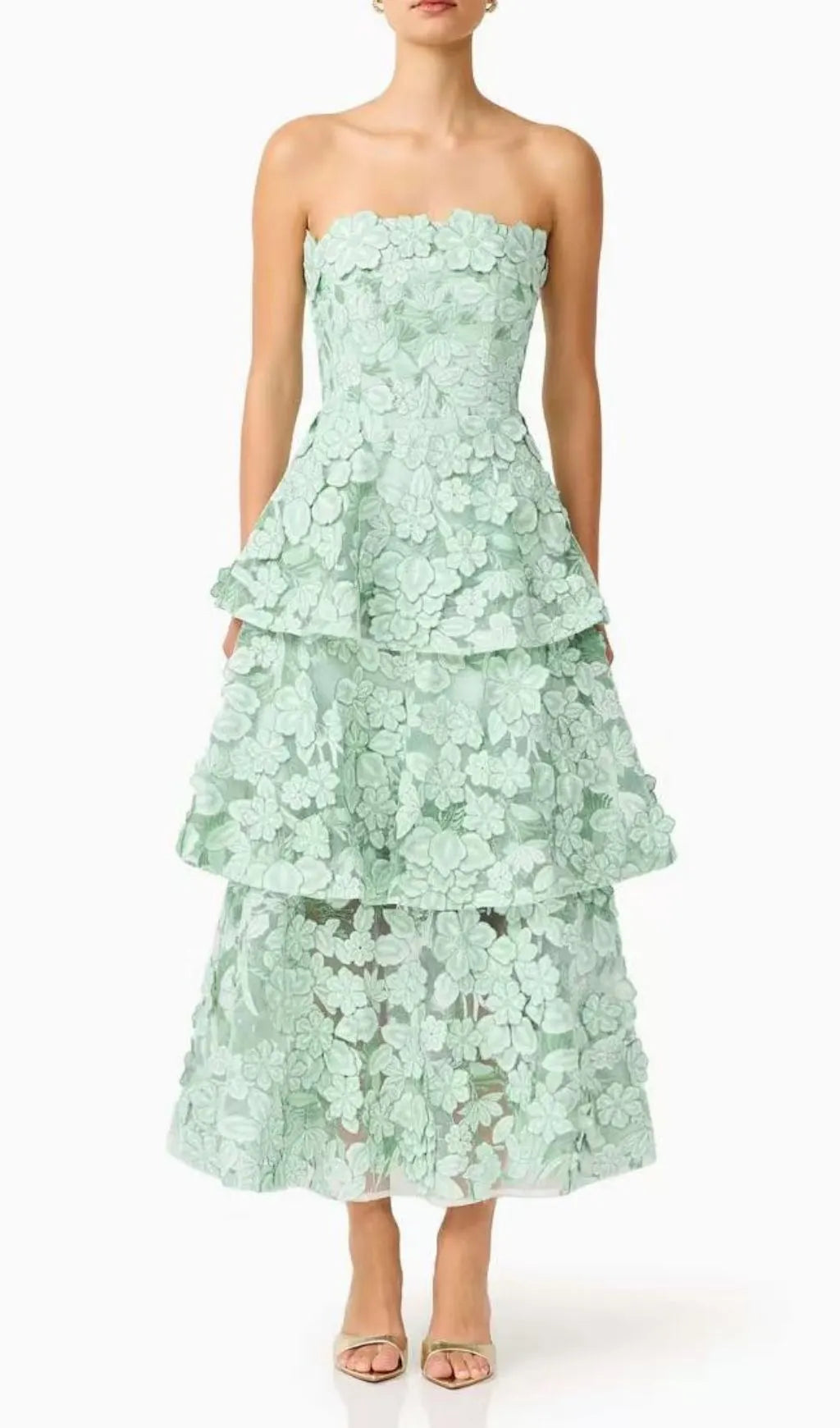 Maayan Green Strapless Flower Embroidery Midi Dress Flowering Girl