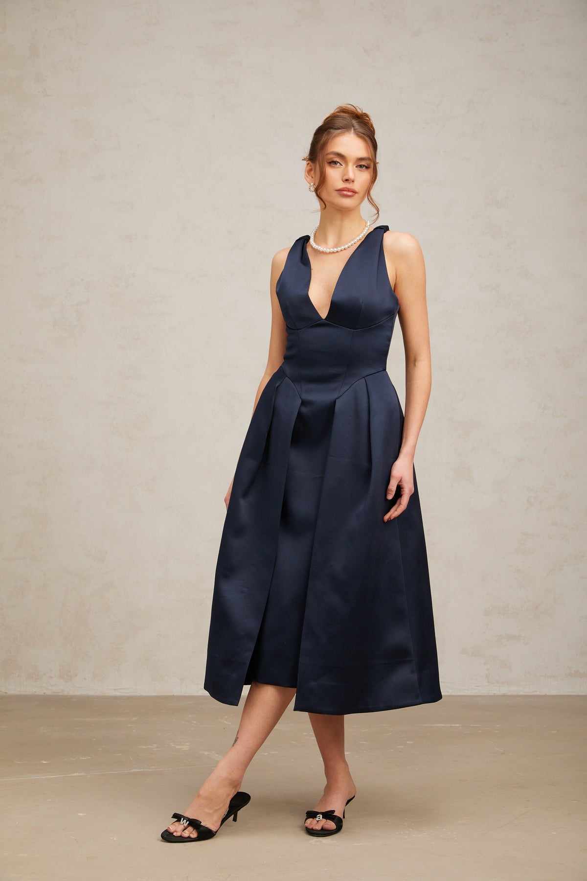 Chantale blue twist-detail satin midi dress Flowering Girl