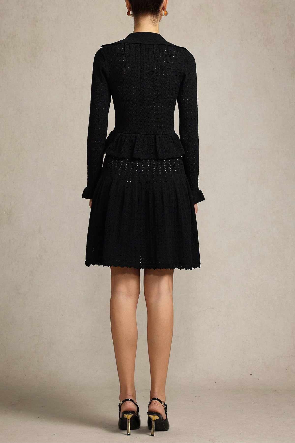 Leaf-Edge Paneled V-Neck Knitted Mini Dress In Black Flowering Girl
