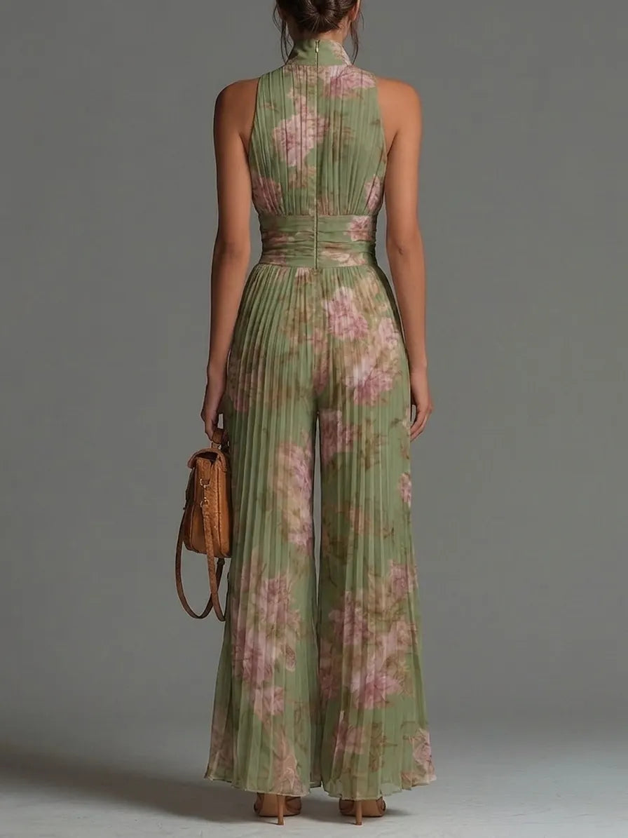 Green Floral V-neck Sleeveless Zip-up Pleated Wide-leg Chiffon Jumpsuit Flowering Girl