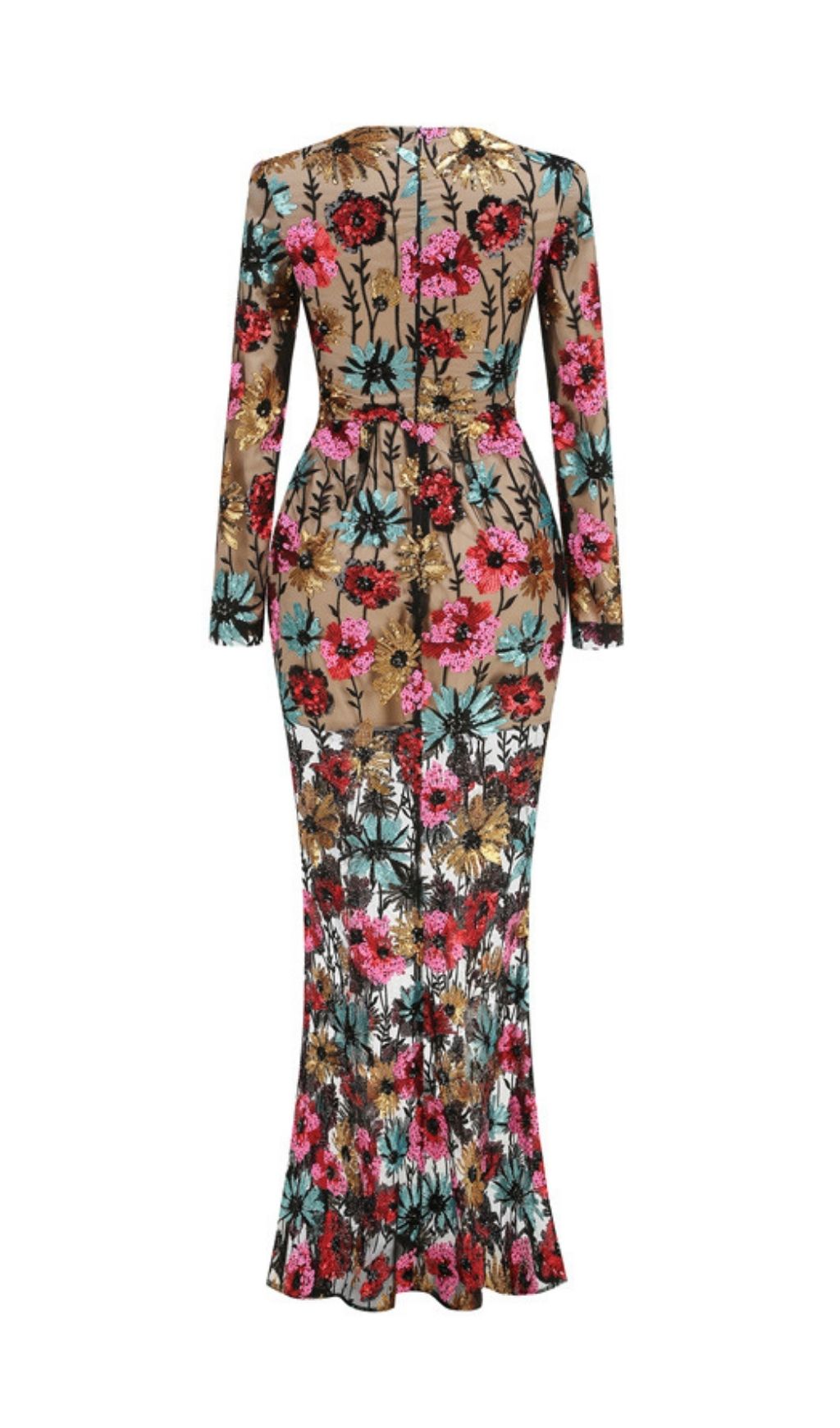 Kaoru Sequin Flower Mesh Long Sleeve Maxi Dress Flowering Girl