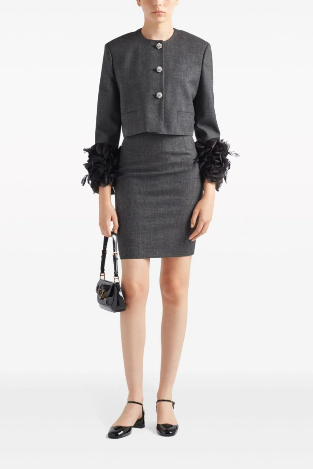 Feather-Trim Single-Breasted Wool Jacket Flowering Girl