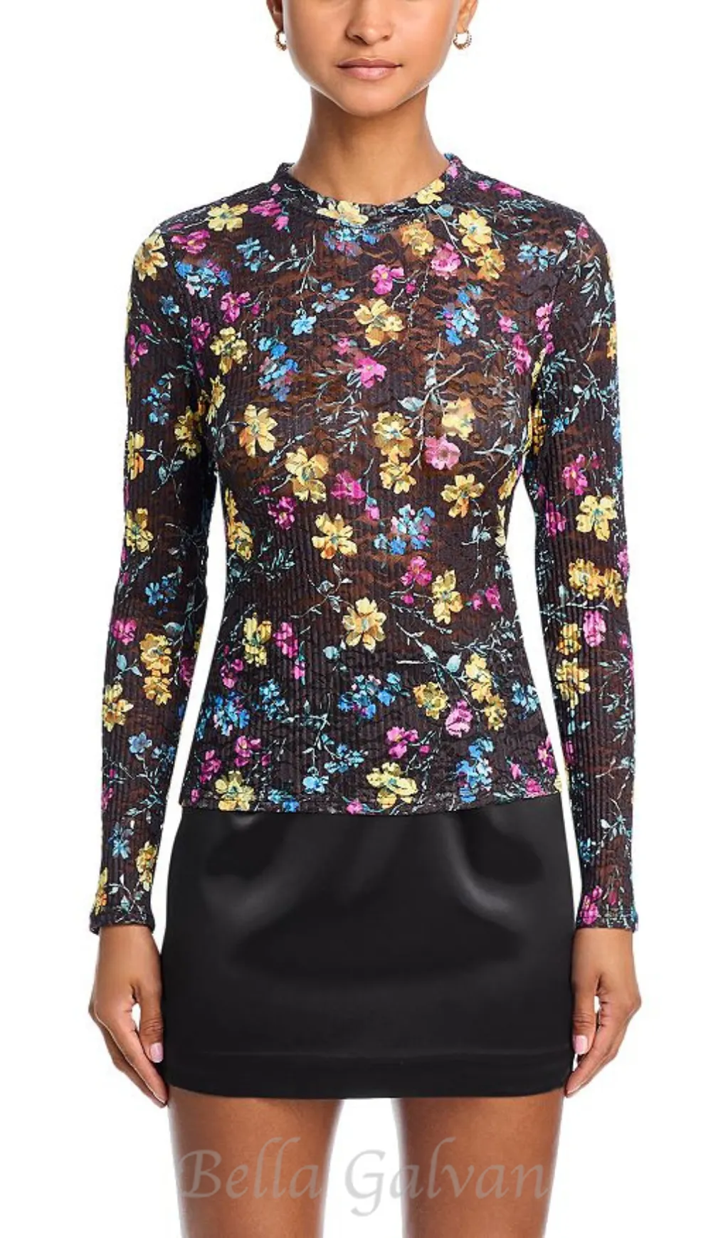 Floral Puckered Lace Top in black multi Flowering Girl
