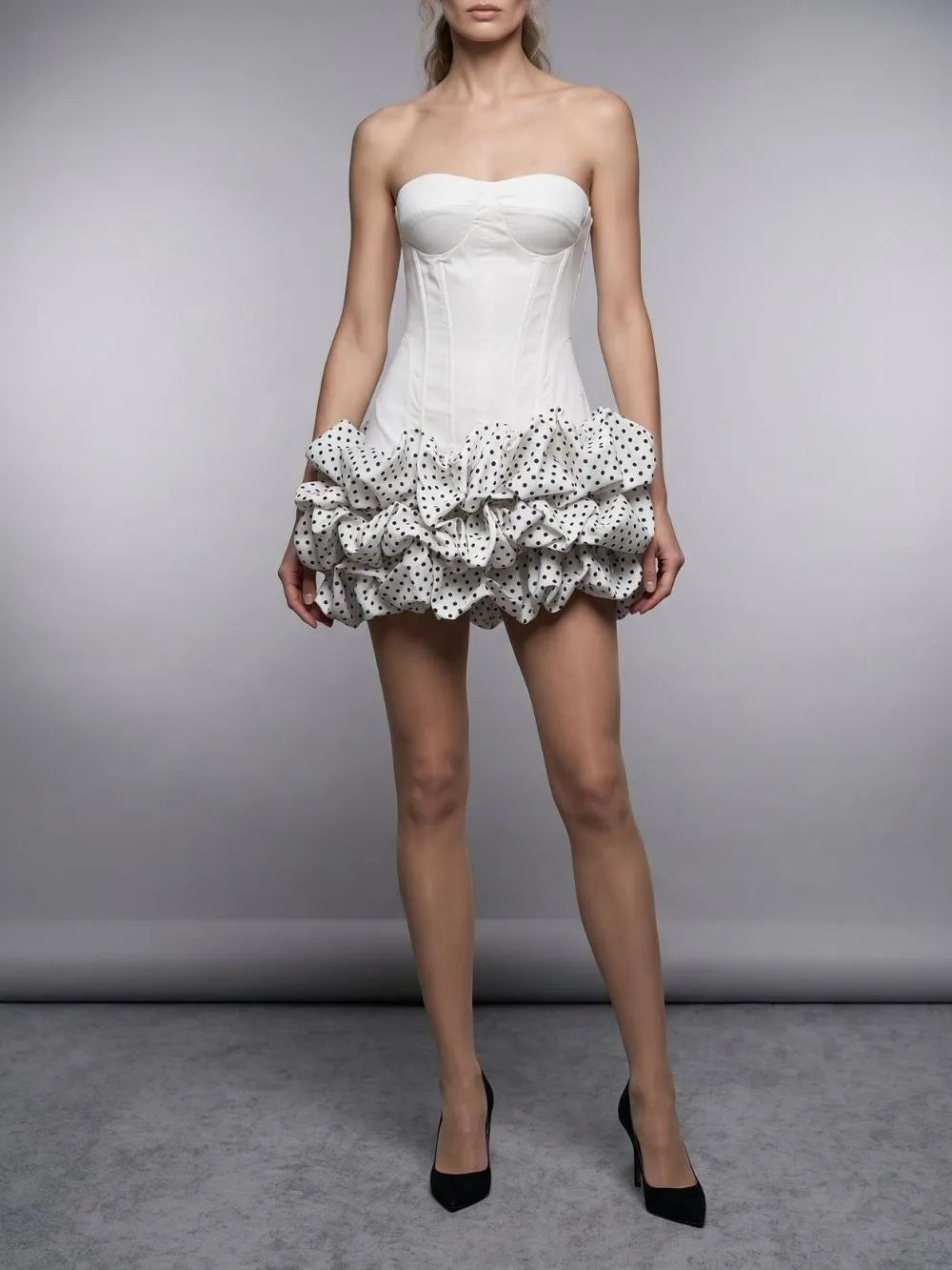 Maleni White Strapless Bustier Polka Dot Bubble Dress Flowering Girl