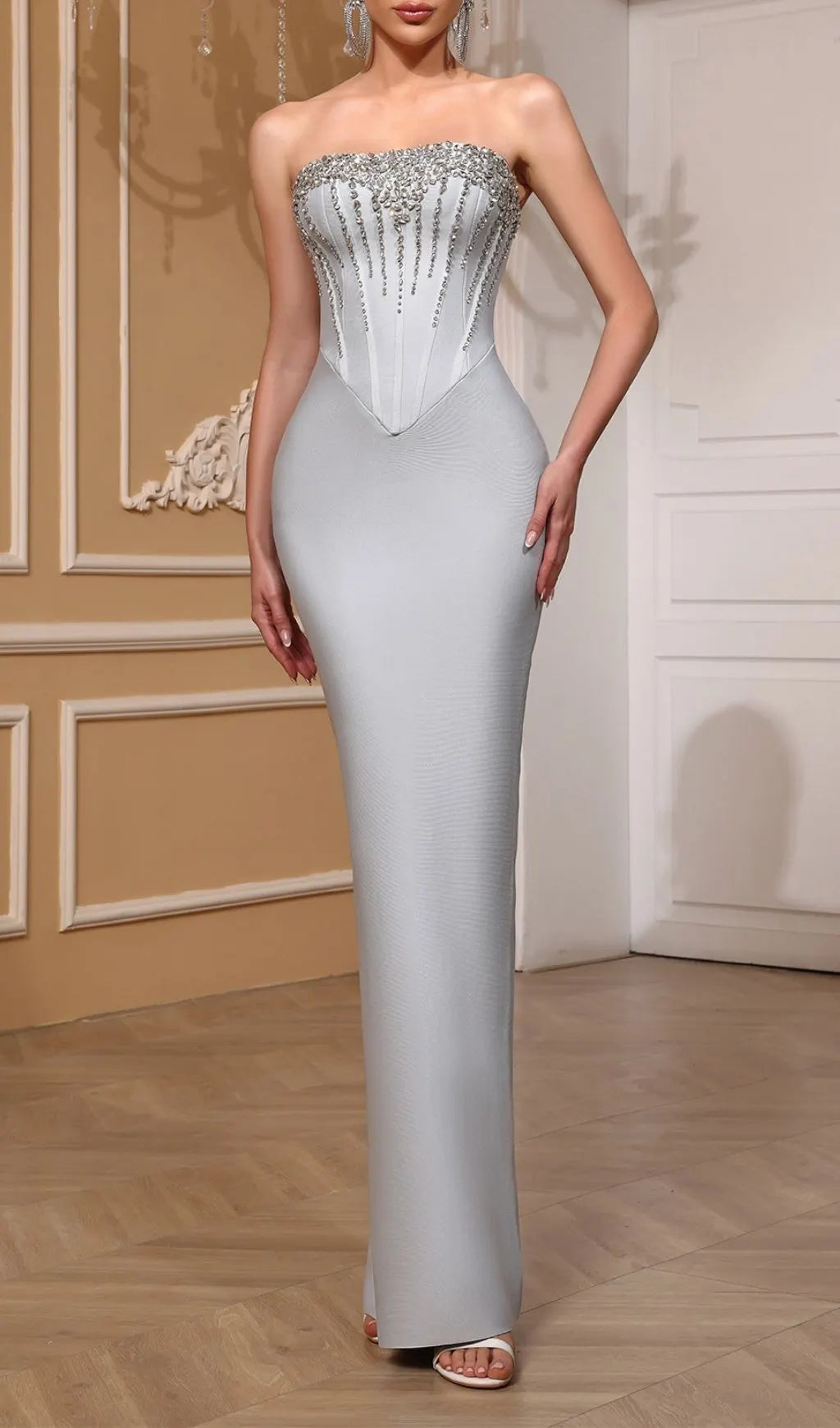 Kellyn Strapless Grey Diamante Bandage Maxi Dress Flowering Girl