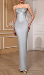 Kellyn Strapless Grey Diamante Bandage Maxi Dress Flowering Girl