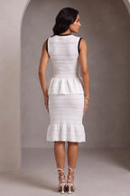 White Hollow Knit V-Neck Bow Peplum Vest Mermaid Skirt Two-Piece Set Flowering Girl