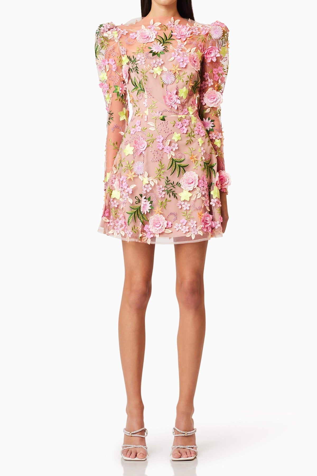 caitlin A-line Floral long sleeve Mini Dress In Pink Flowering Girl