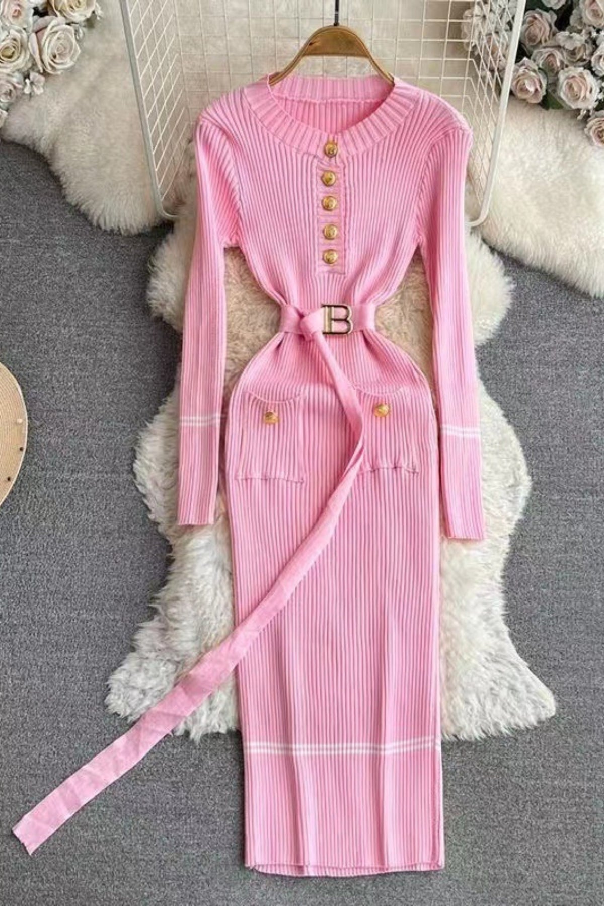 Metal Button Jersey Long Sleeve Midi Dress Pink Flowering Girl