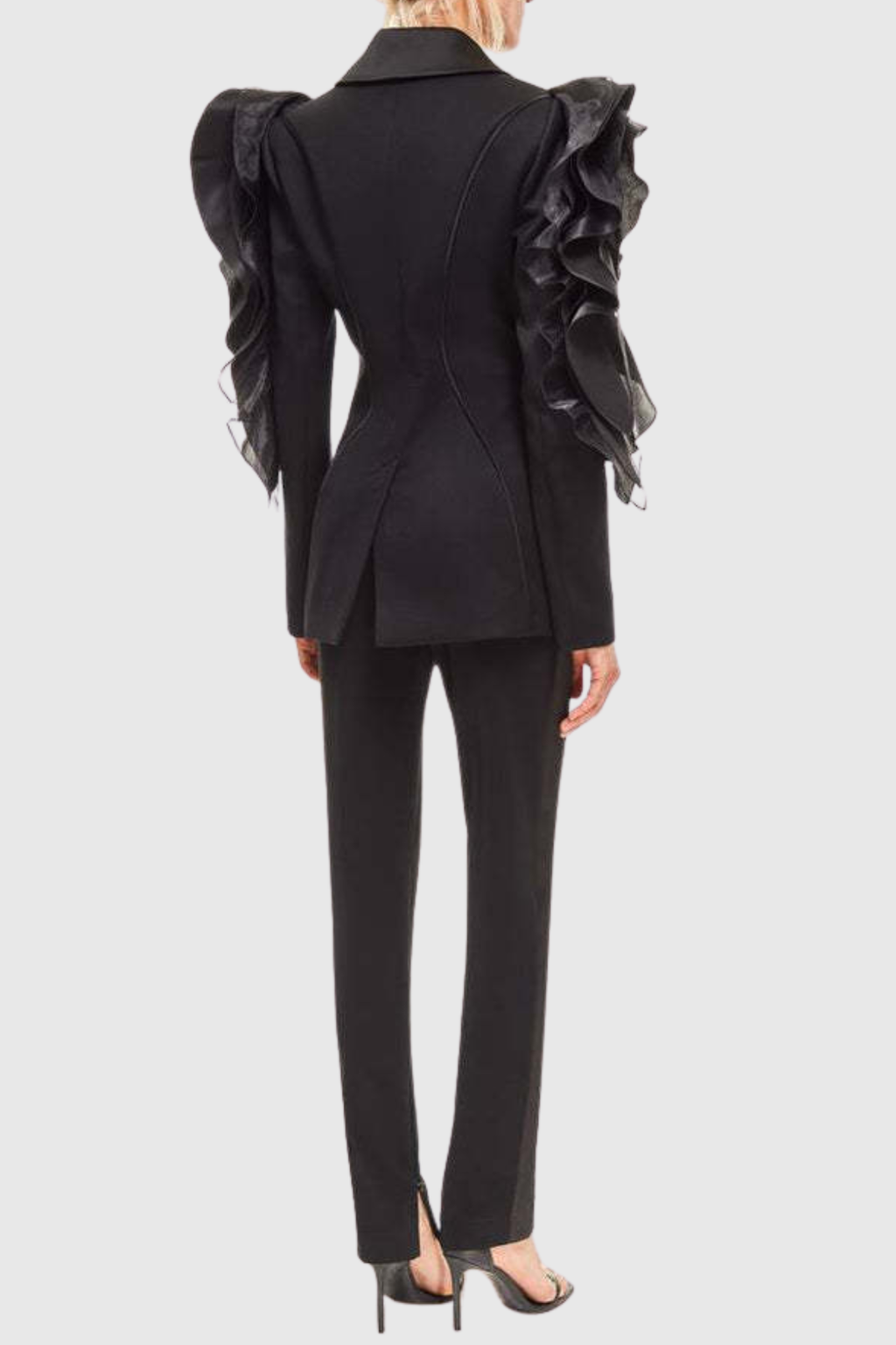 Ashley Ruffle Embellished Blazer In Black Flowering Girl