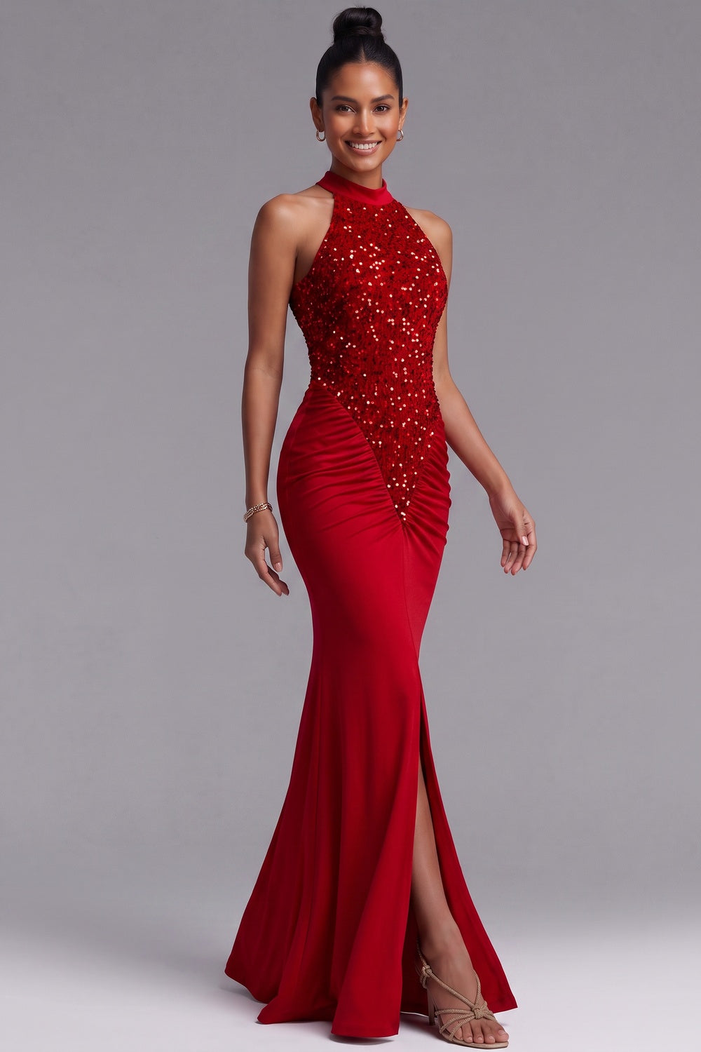 Red Stretch Jersey Mermaid Evening Gown Flowering Girl