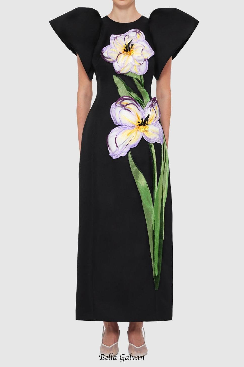 Lucinda Appliqué Floral Maxi Dress in black Flowering Girl