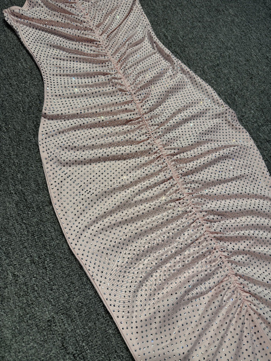 Hollow Mesh Rhinestone Sleeveless Maxi Dress In Pink Flowering Girl