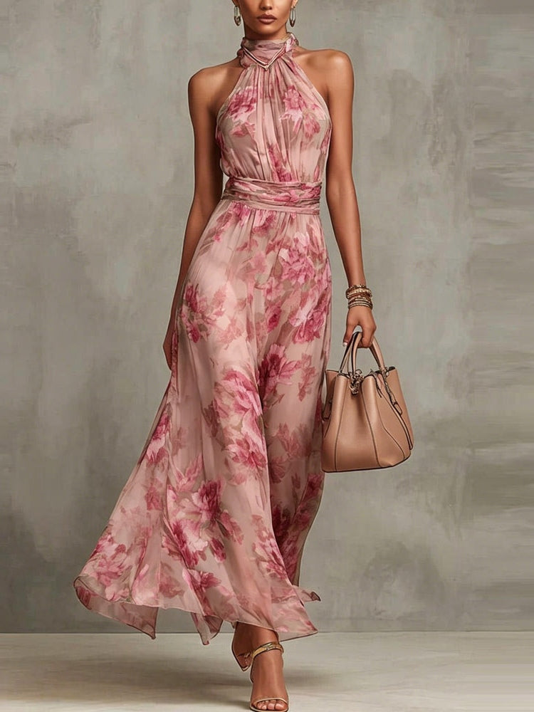 Polly Green Floral Chiffon Halter Maxi Dress Flowering Girl