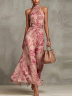 Polly Green Floral Chiffon Halter Maxi Dress Flowering Girl