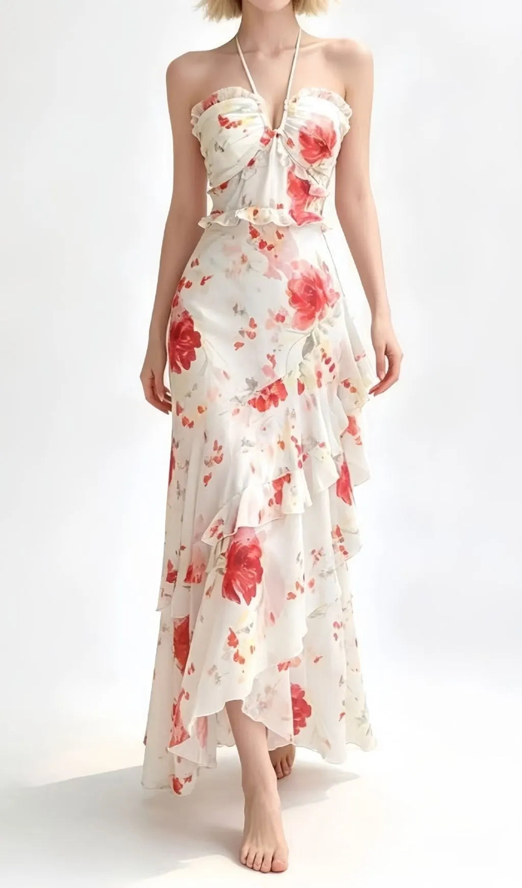 Lavish Halter Floral Ruffle Maxi Dress Flowering Girl