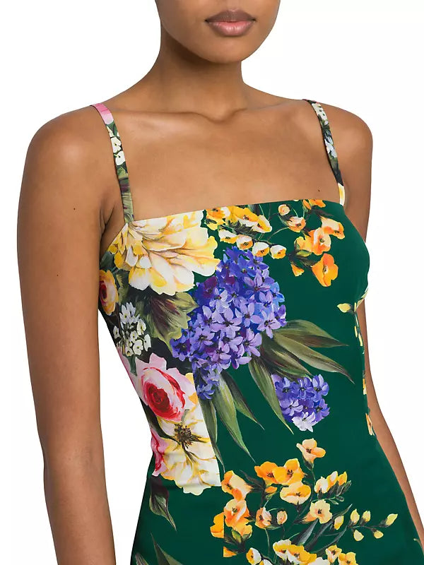 Floral Print Sheath Midi Dress In Green Flowering Girl
