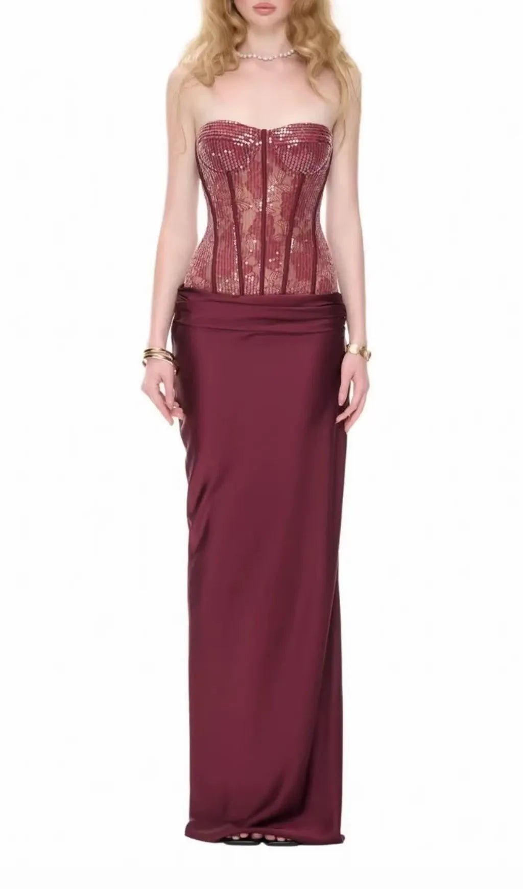 Kawthar Red Strapless Sequin Corset Maxi Dress Flowering Girl