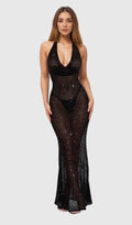 BARBARA HALTER SEQUIN MAXI DRESS IN BLACK Flowering Girl