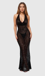 BARBARA HALTER SEQUIN MAXI DRESS IN BLACK Flowering Girl