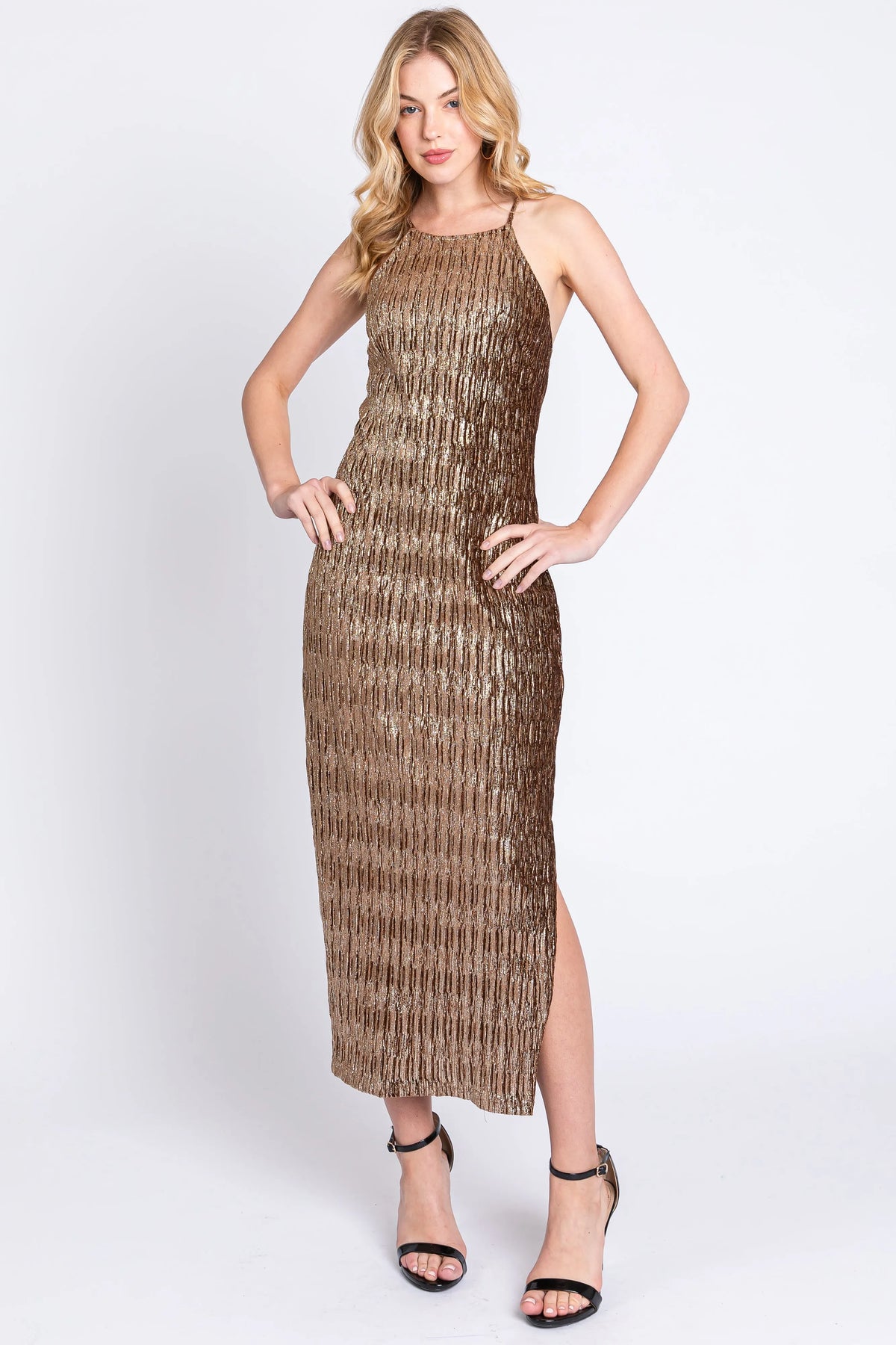 Gold Criss Cross Back Midi Dress Flowering Girl