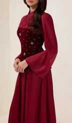 Caroline Rhinestone Velvet Splicing Maxi Dress - Burgundy Flowering Girl