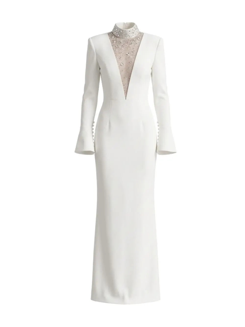 Long Sleeve Crystal Mesh Maxi Dress White Flowering Girl