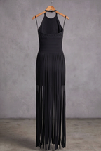 Black Bandage Knit Bodycon Gown with Fringe Overlay Flowering Girl