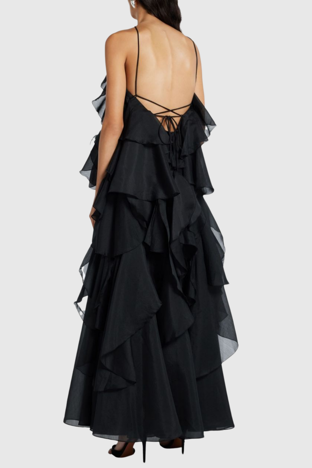 Caysie Halter Floral Ruffle Layered Maxi Dress in Black Flowering Girl