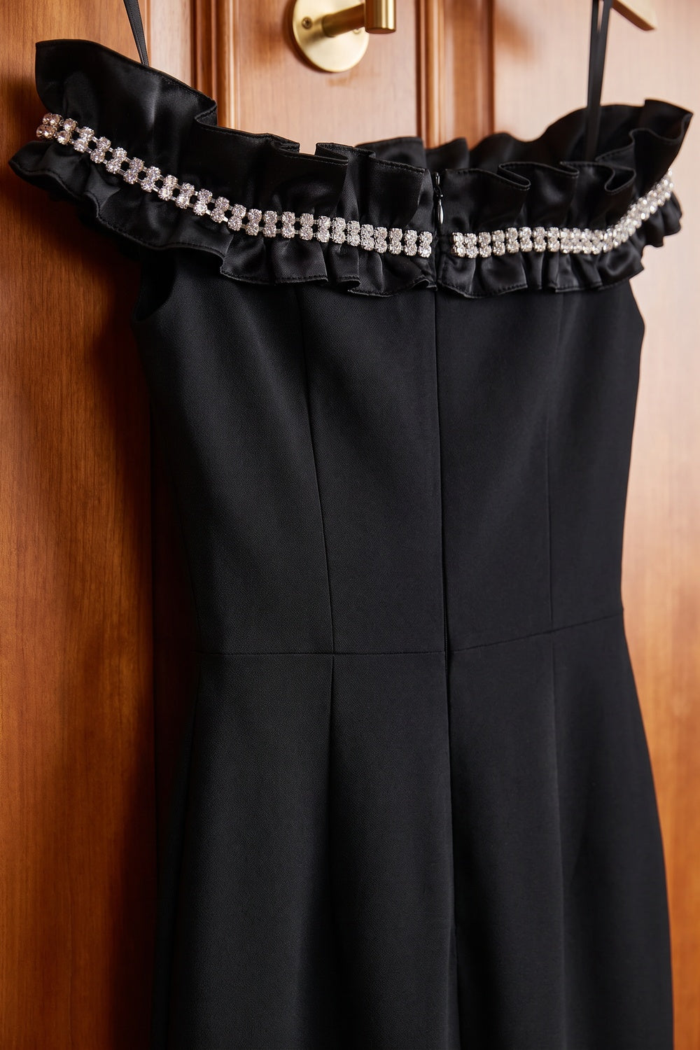 Black Structured Crepe Column Gown with Rhinestone Ruffle Flowering Girl