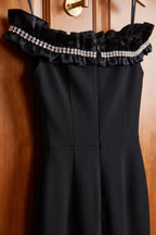 Black Structured Crepe Column Gown with Rhinestone Ruffle Flowering Girl