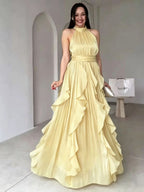 Yellow Chiffon A-Line Halter Maxi Dress Flowering Girl
